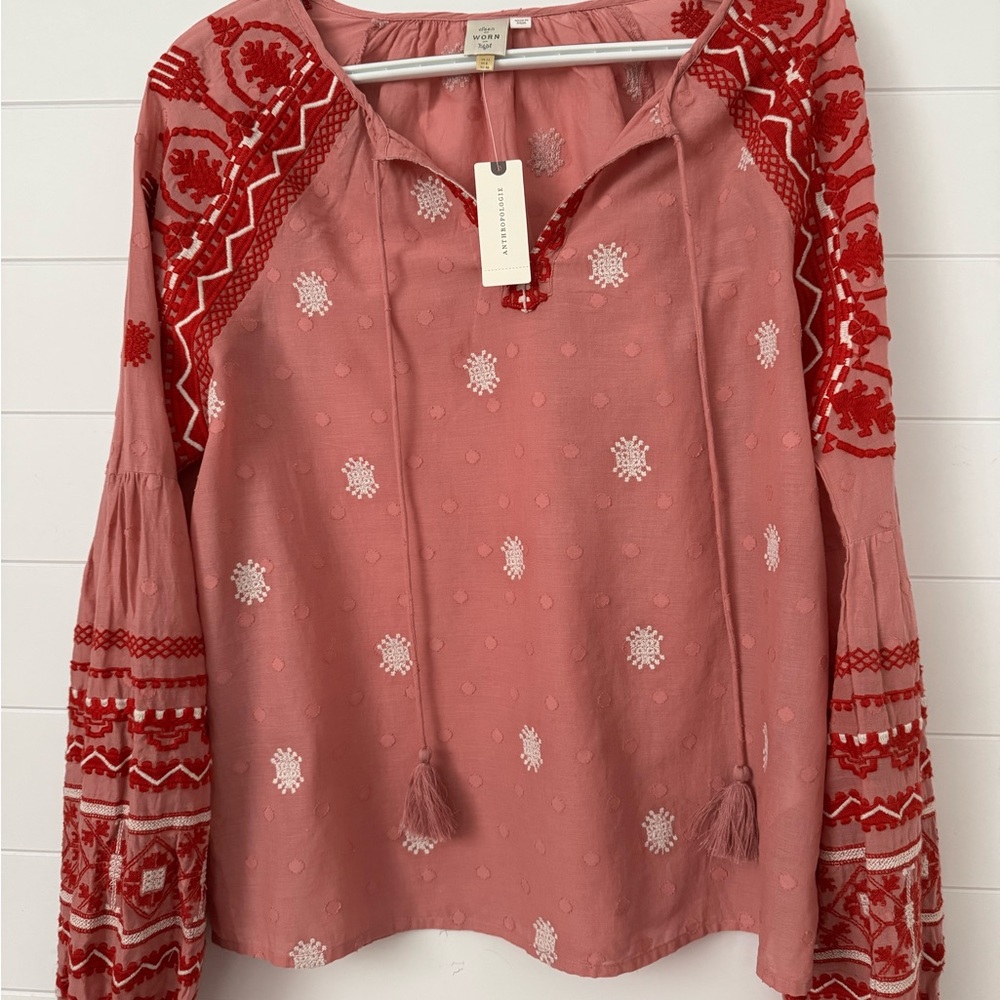 Anthropologie Red and Pink Embroidered Blouse